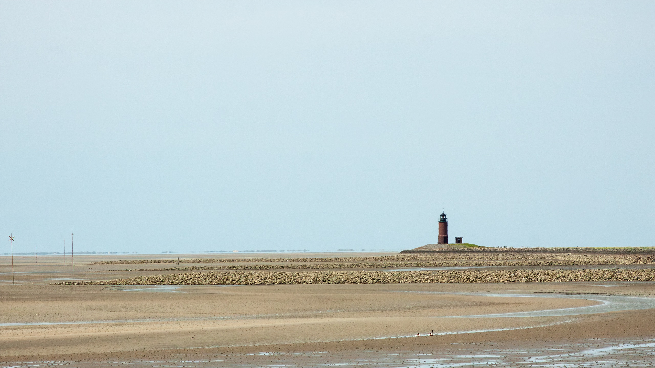 Hallig Langeness bei Ebbe im nordfriesischen Wattenmeer mit Leuchtturm Nordmarsch