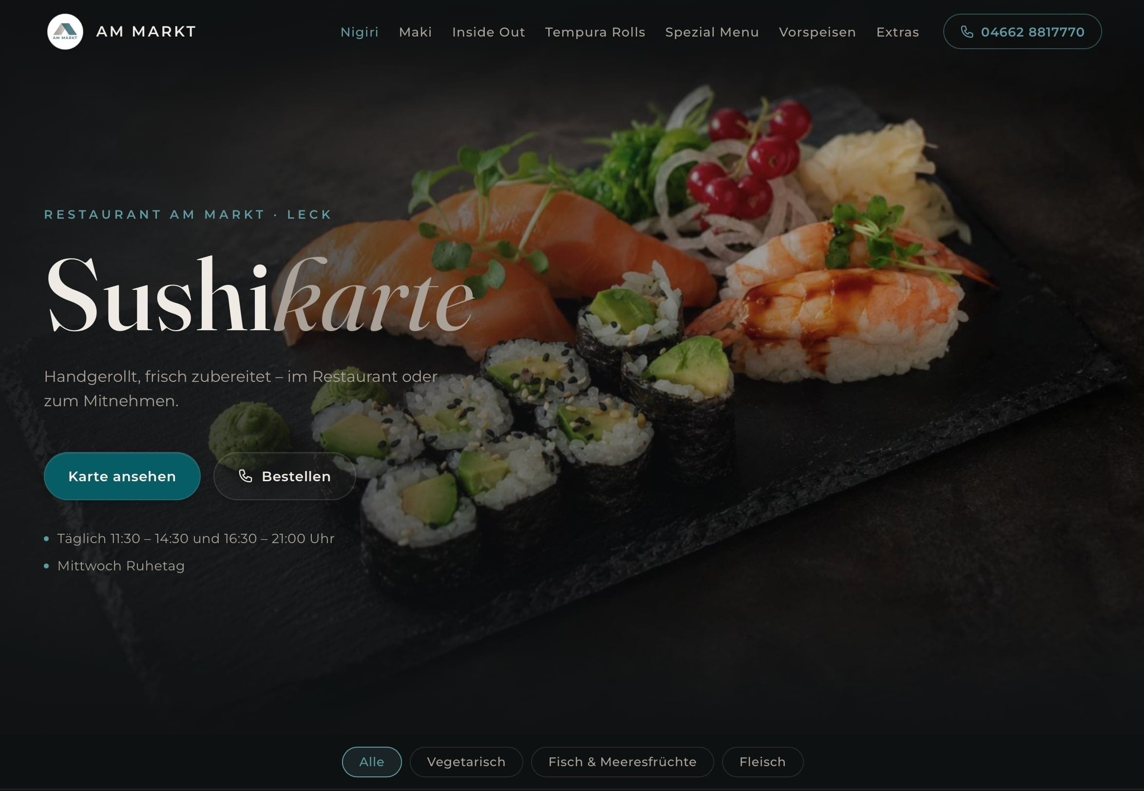 Startbereich der Sushikarte mit Öffnungszeiten und Navigation