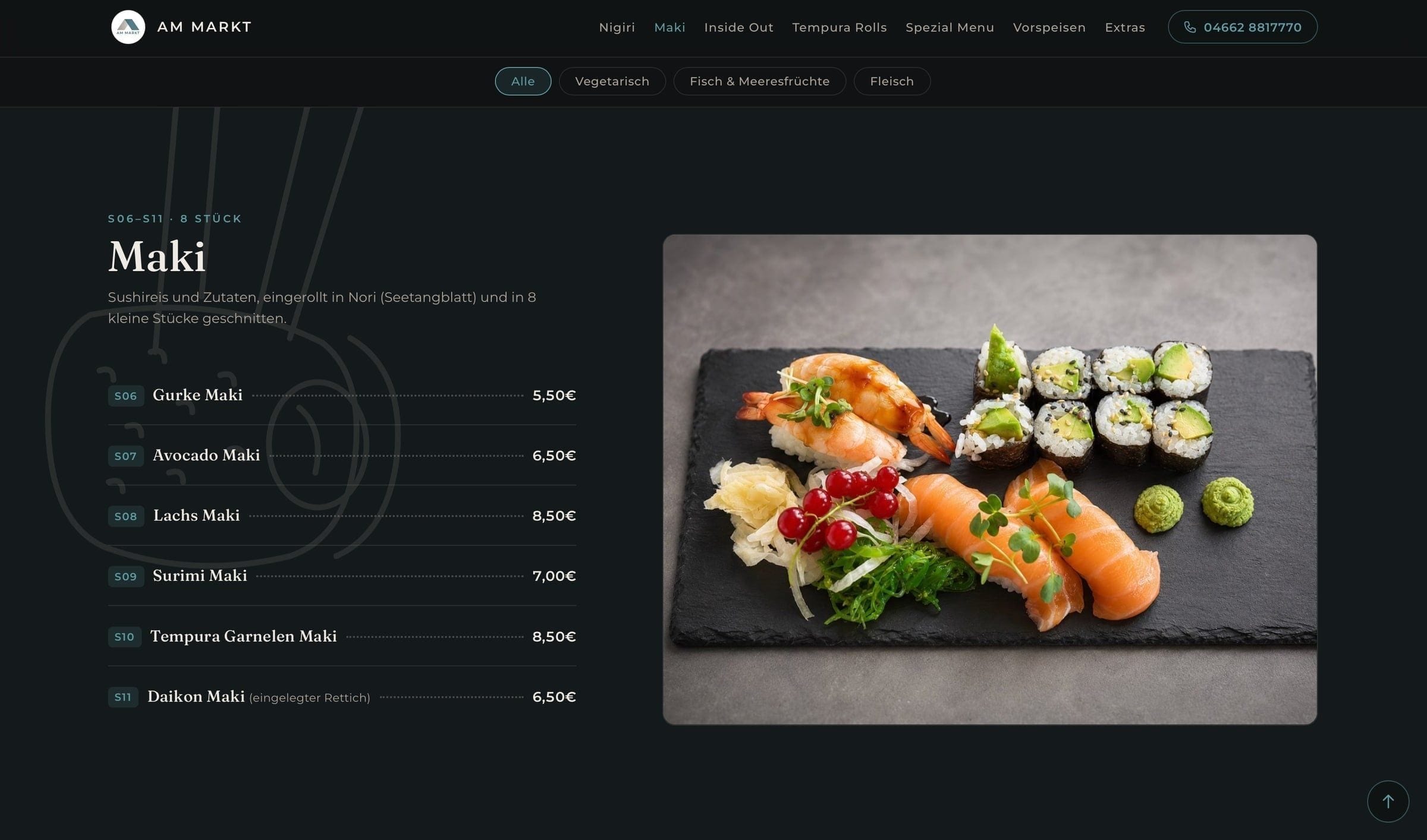 Maki-Übersicht mit Kategoriefiltern und Preisen auf sushi-leck.de