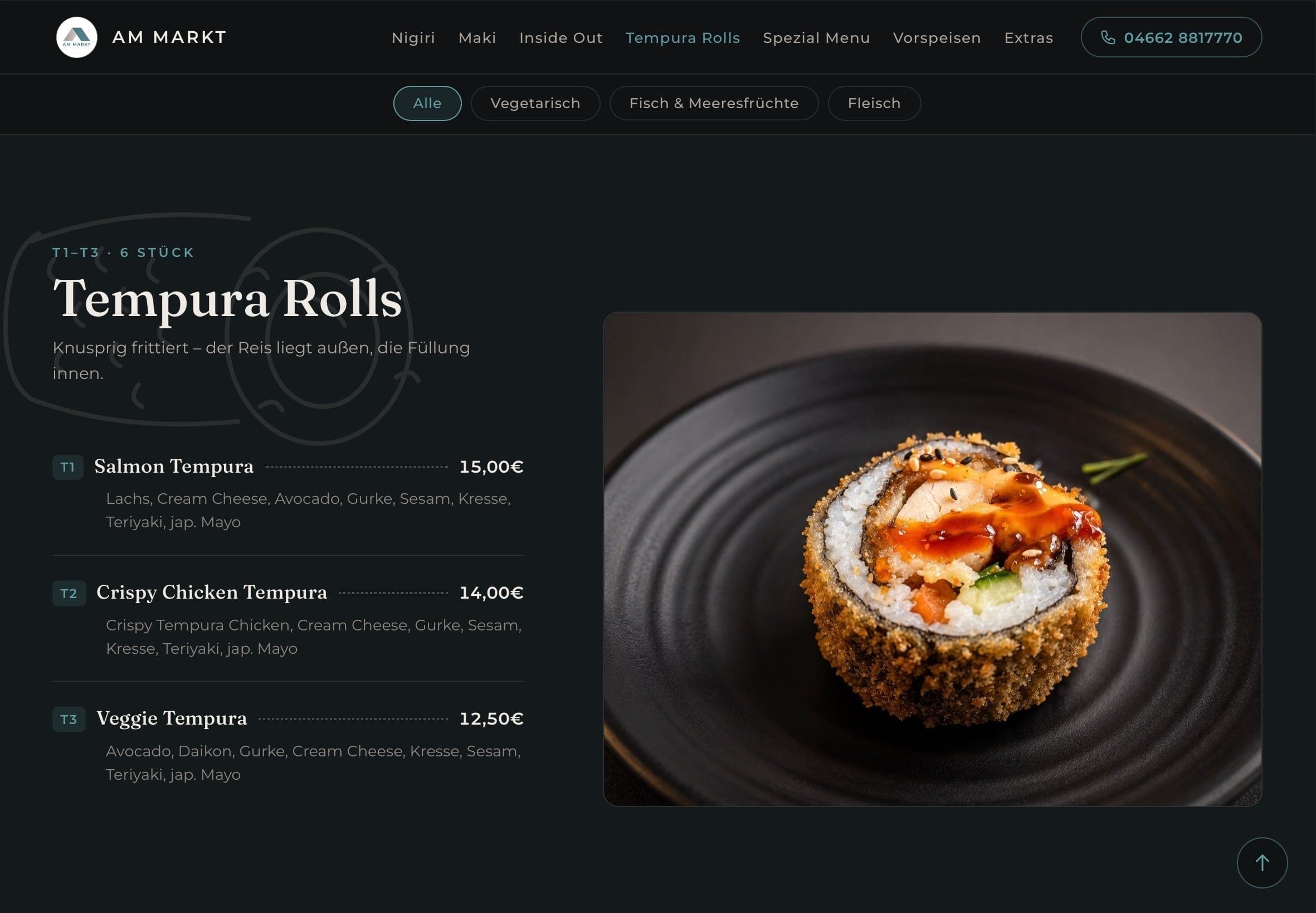 Tempura-Rolls auf sushi-leck.de mit Zutaten und Preisen